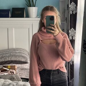 Pink Turtleneck Cutout Sweater